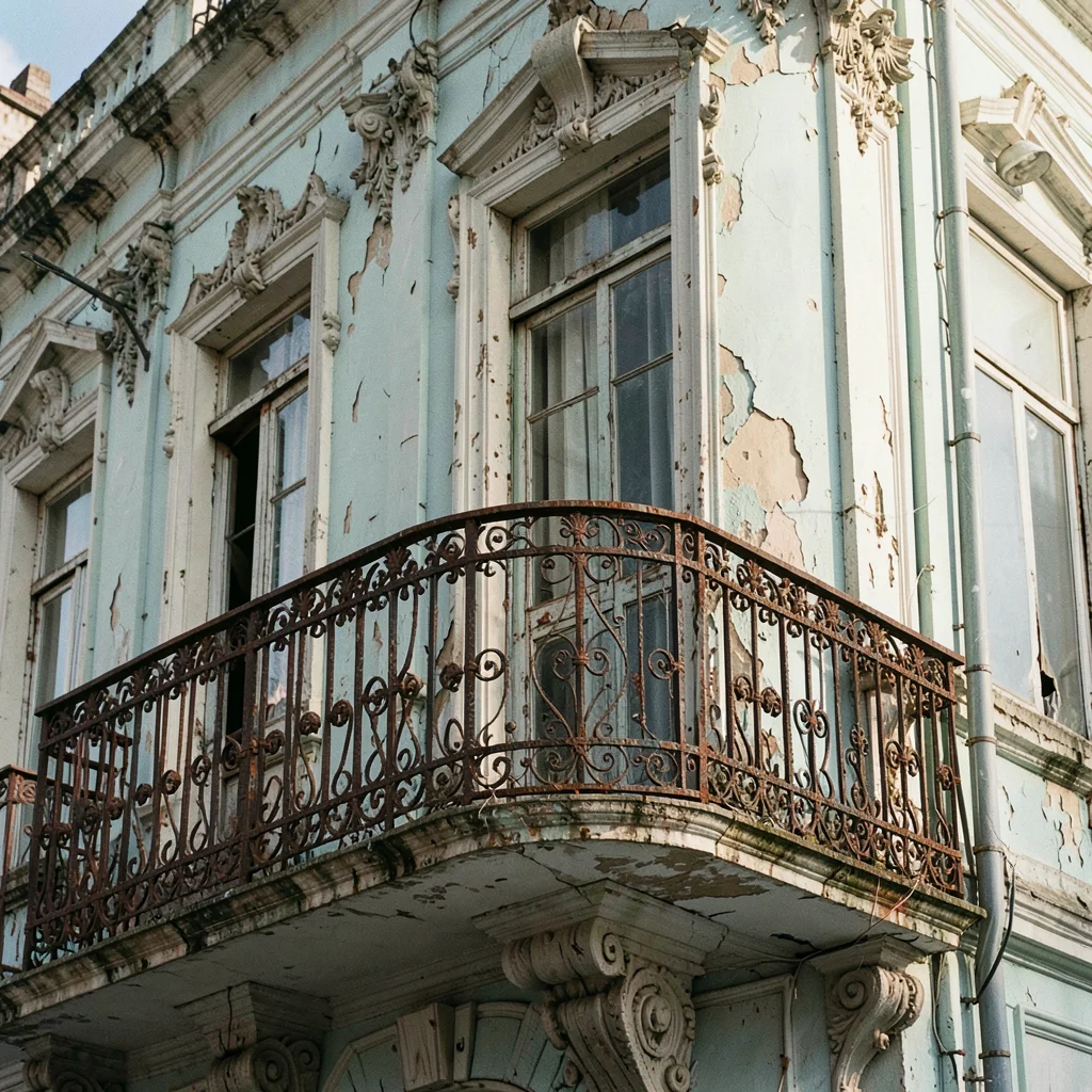 Buenos Aires faded grandeur, belle époque decay, A wrought-iron balcony with rus