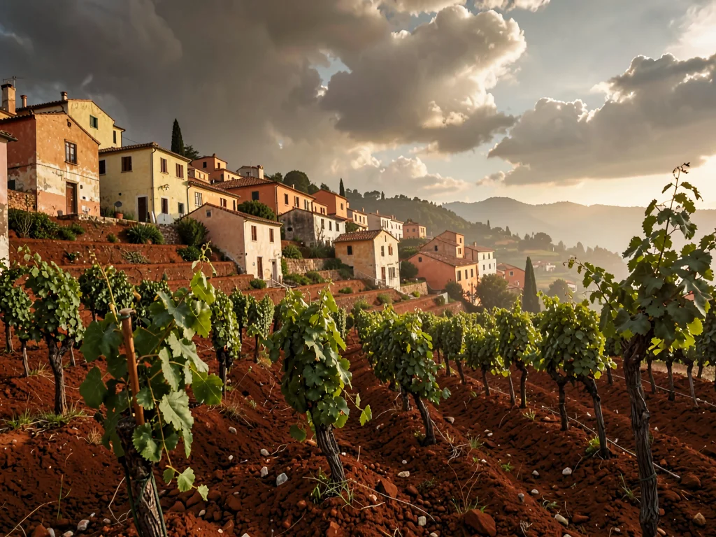 Post-rain terraced vineyard with deeply saturated red-brown soil, vines crisp gr