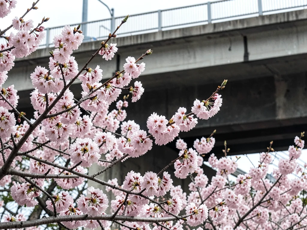 Cherry blossom branches with highway overpass directly behind, compression makin
