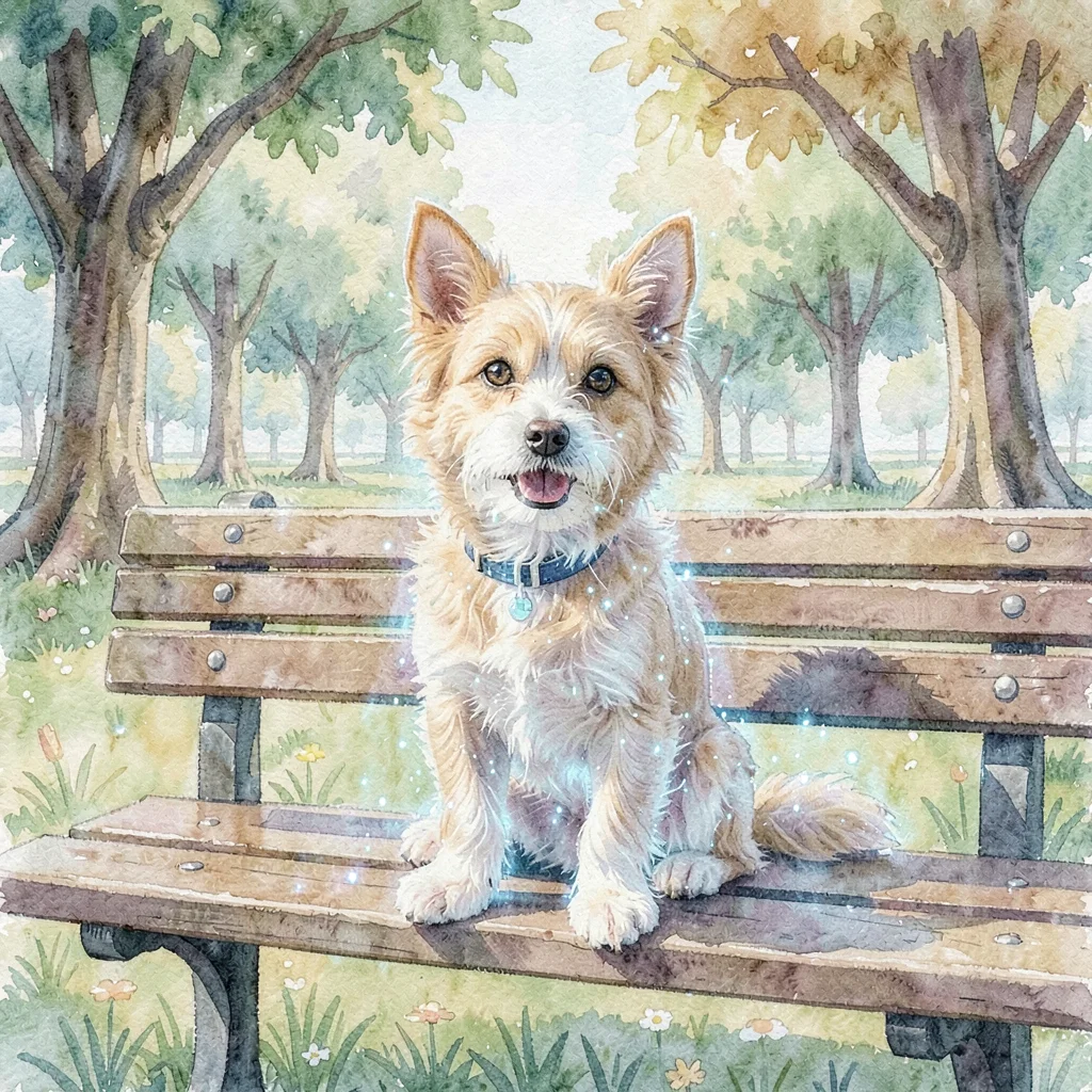 Painterly AR-overlay concept of a holographic pet companion sitting on a park be