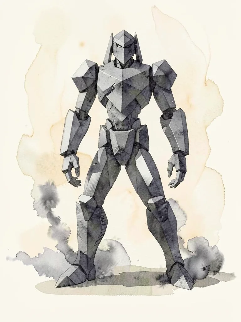 Smoky lowpoly mech walker standing tall with a faceted torso and pistoning legs 