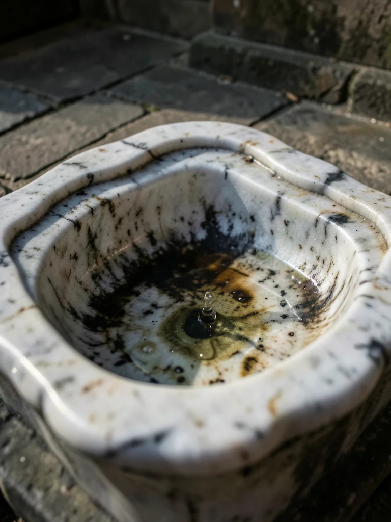 A stone holy water font in a 400-year-old church, the marble rim worn into a smo