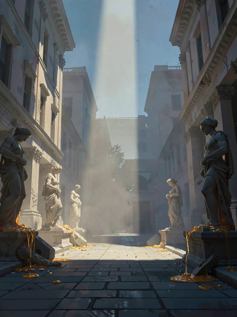 Faded neoclassical avenue with a single shaft through dust haze, warm honey on b