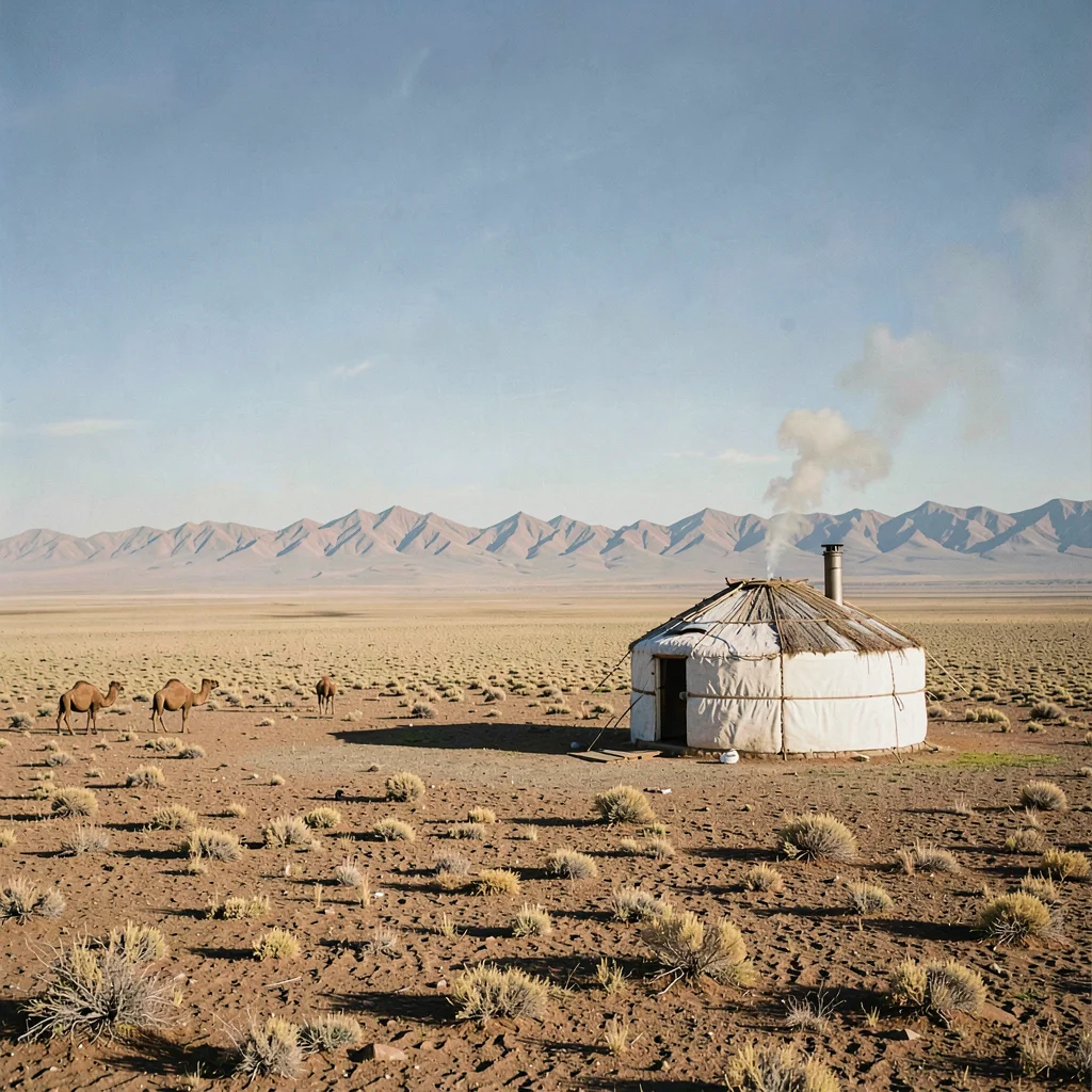 Gobi steppe horizontal, Mongolian vastness, White ger dwelling alone on empty pl