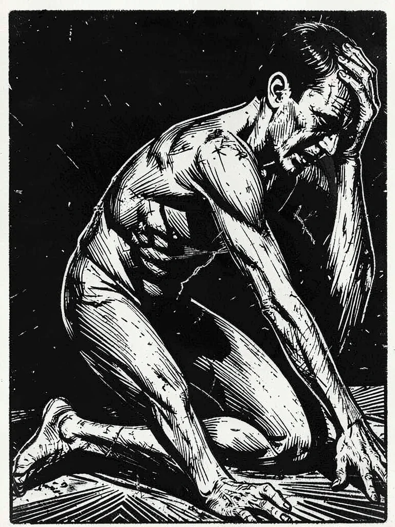 Kneeling figure in anguish, body distorted by sharp diagonal gouges