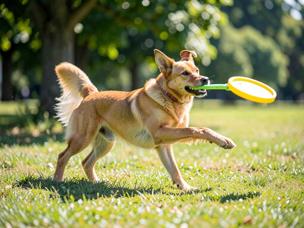 Dog catching a frisbee, the moment of capture stretched across the frame