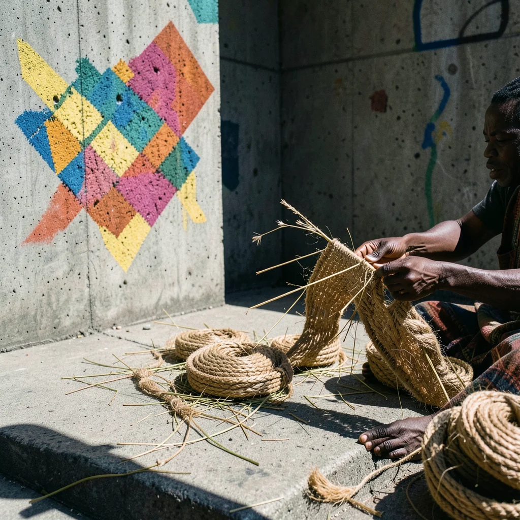 Basket weaving in progress, coiled grass and dyed sisal, artisan's hands visible