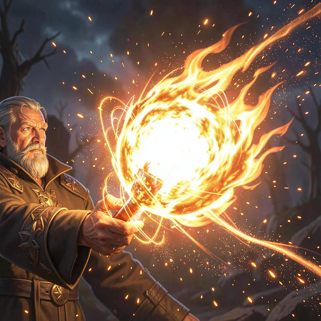 Magic spell effect illustration, a massive fireball spell erupting from caster's