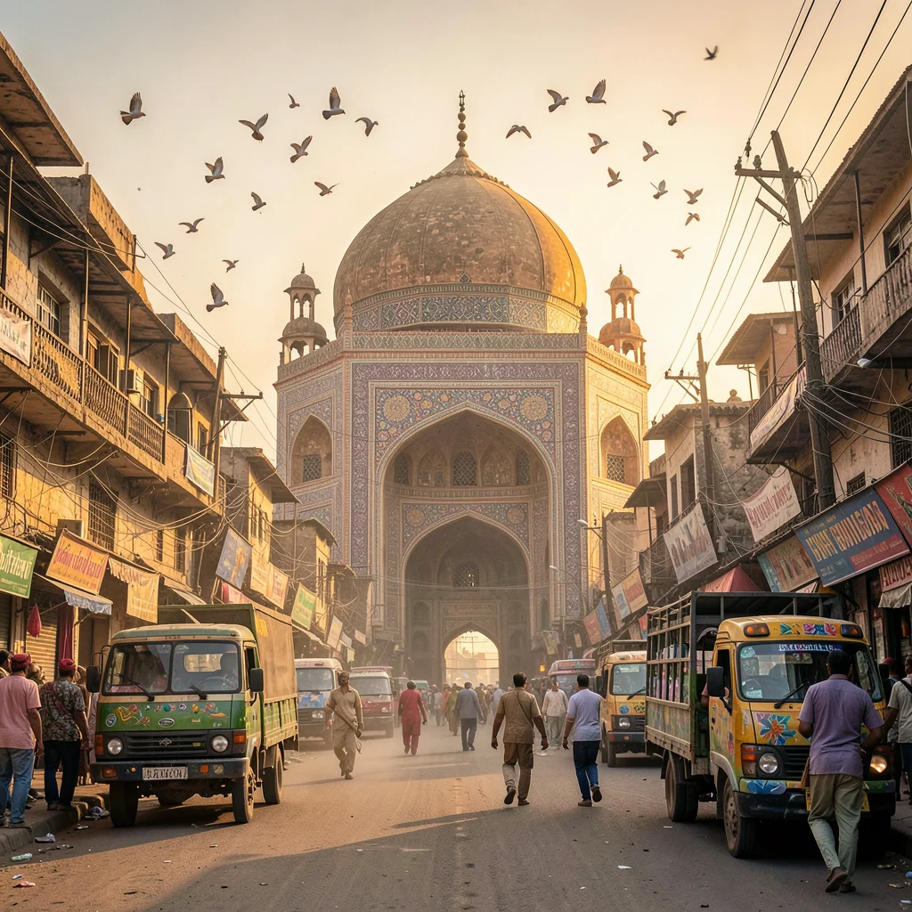 Elaborate decoration surviving dusty Lahore streets, Badshahi Mosque dome at sun