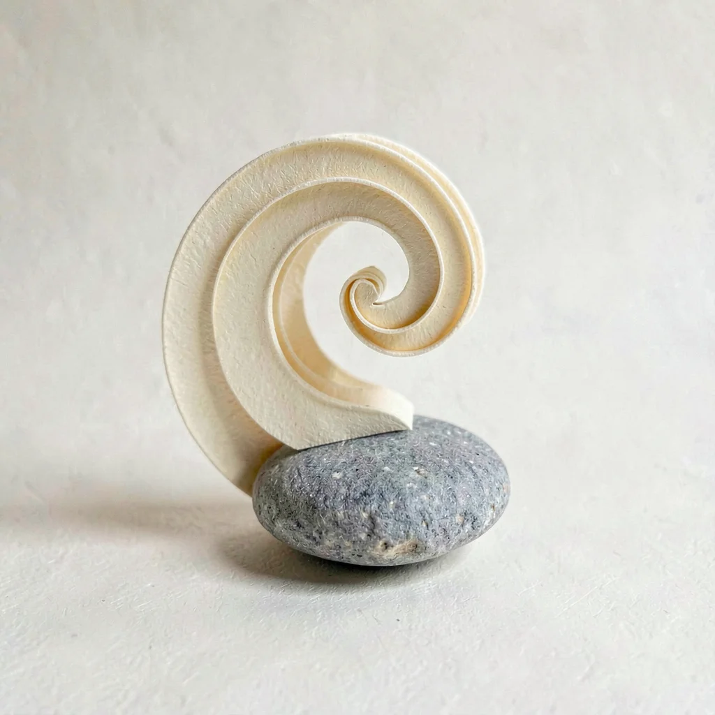 Papercraft motif of a layered paper-cut wave curling over a small paper pebble, 