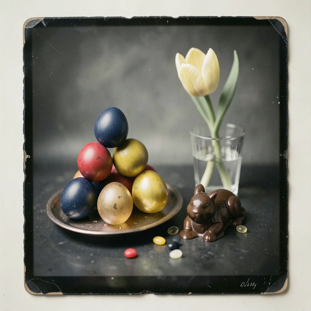 A pyramid of dyed Easter eggs — deep indigo, beetroot red, turmeric gold — arran