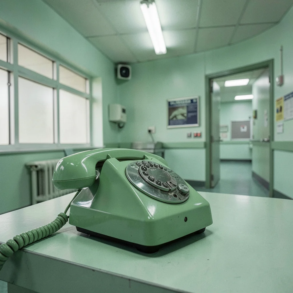 Vintage telephone in institutional green, communication infrastructure