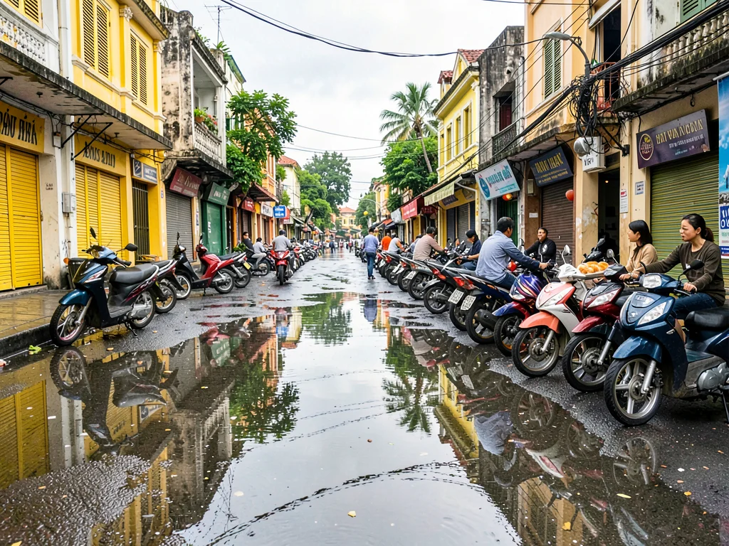 Motorbikes reflecting in Hanoi rain puddles
