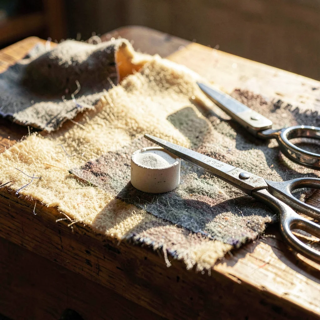 Cozy still life of a tailor's chalk and shears on a wool swatch, warm afternoon 