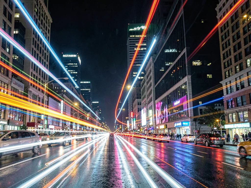 Night city lights as motion streaks