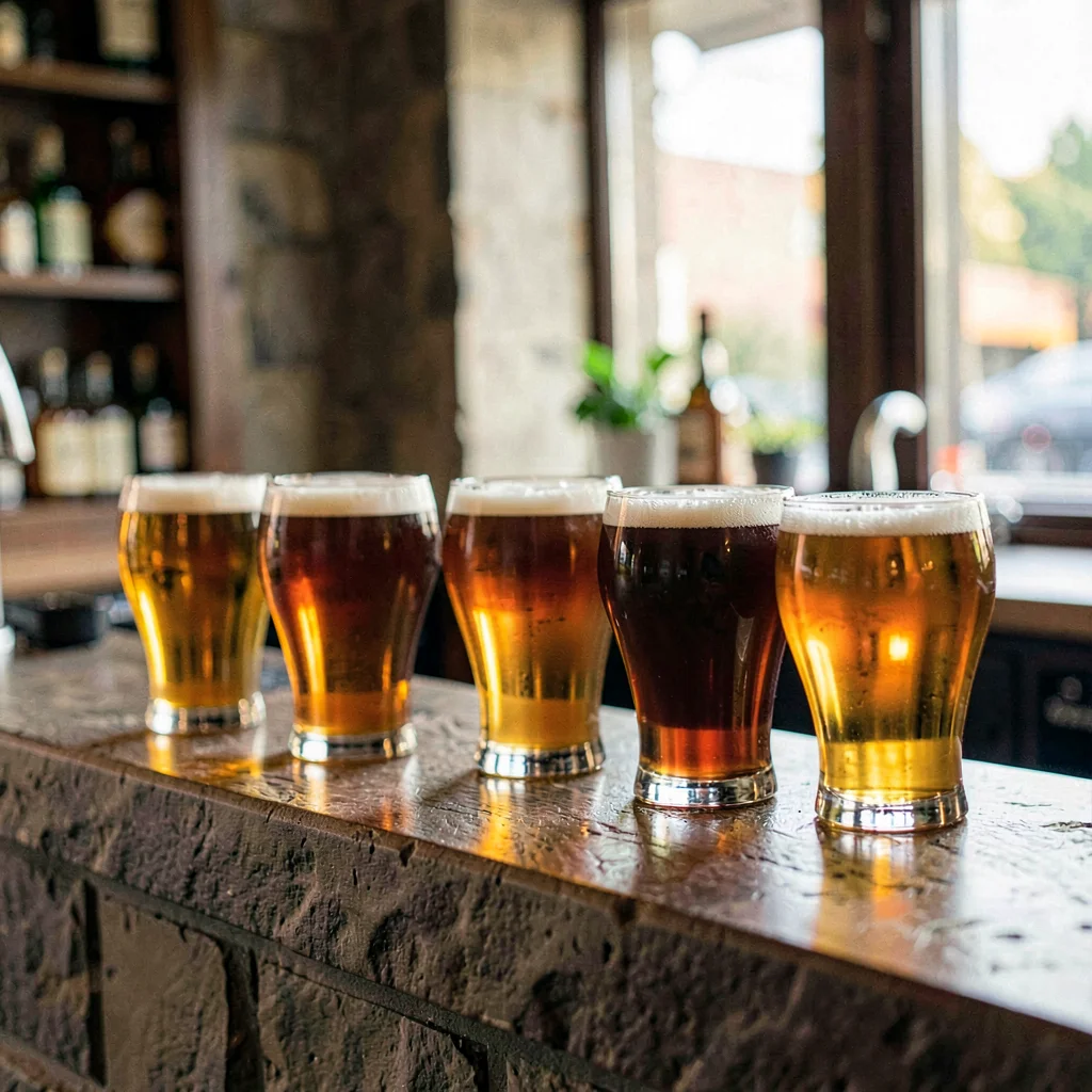 Vertical of a stone counter with a row of pints staged for service