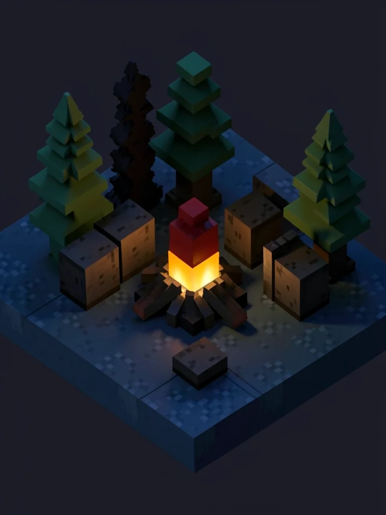 A voxel campfire at night with cube logs, an orange flame block, and pine tree s