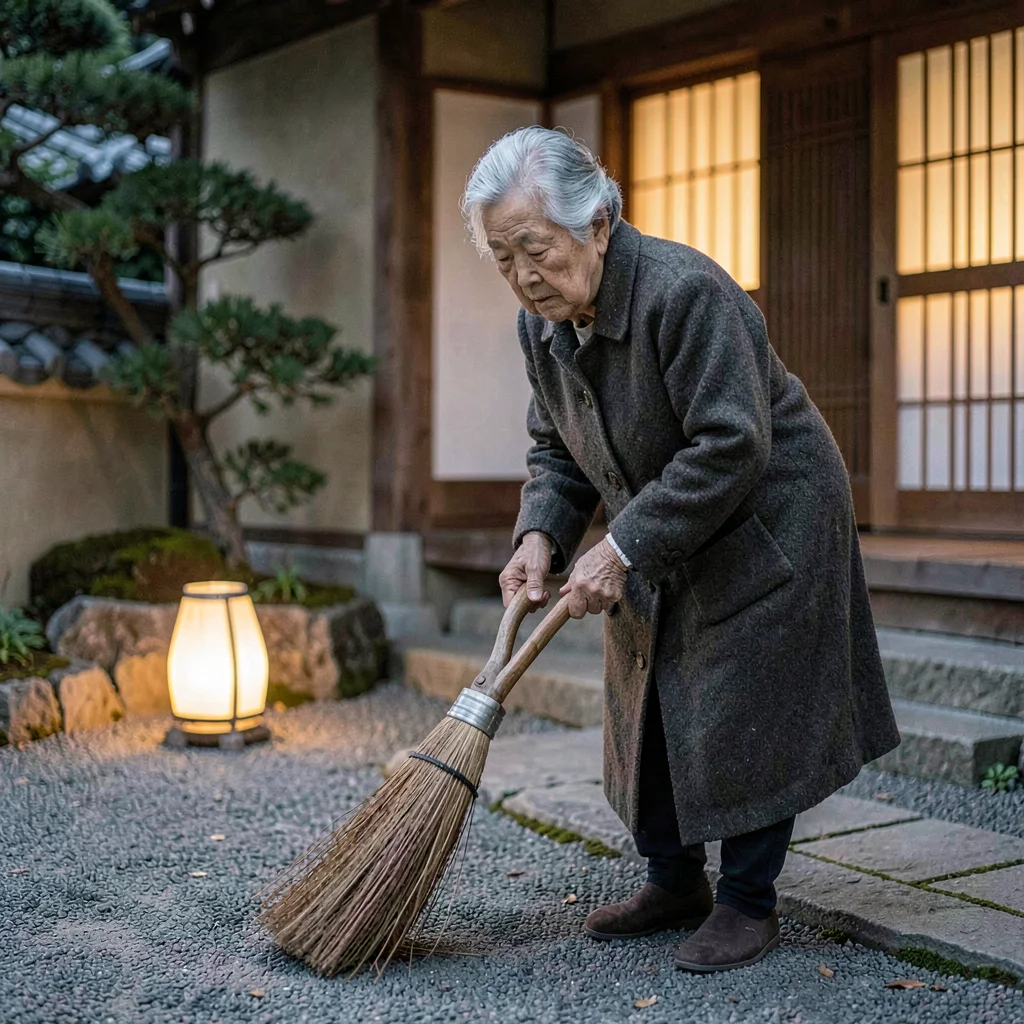A wistful Korean grandmother in her seventies sweeping a courtyard, lamp glow so