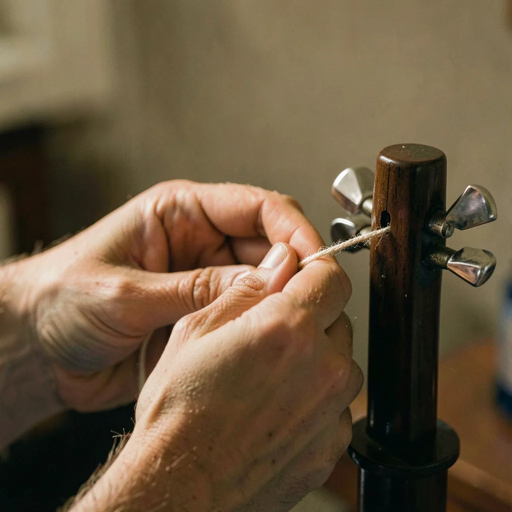 Side-light portrait of hands winding a fresh string onto a tuning post