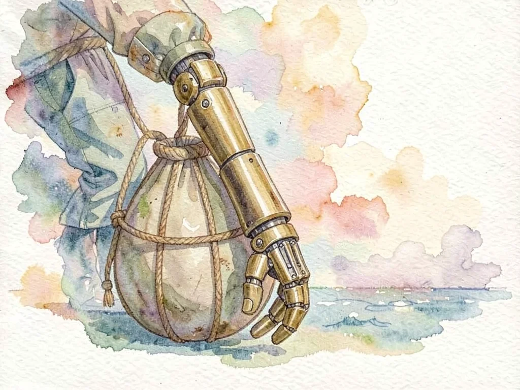 A vintage diver dragging weighted bag with mech-prosthetic hand, brass mechanica