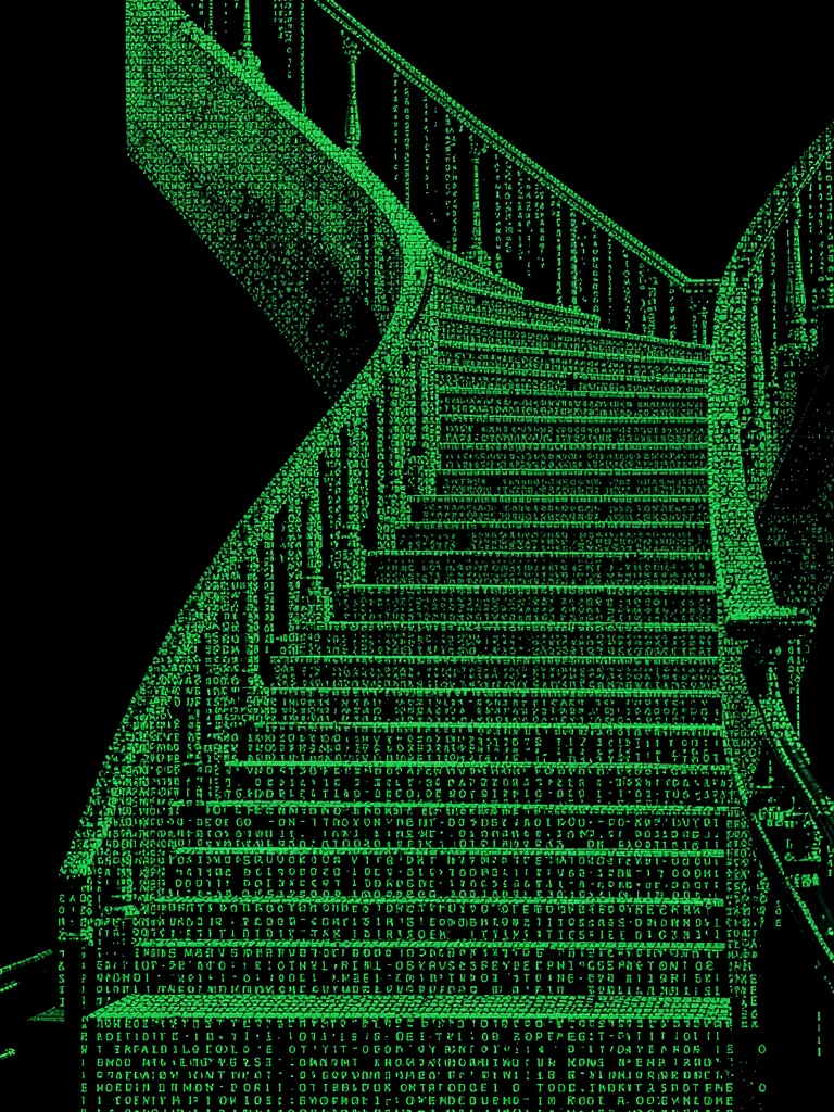 A grand staircase curving upward in terminal green, the handrail as a sweeping a