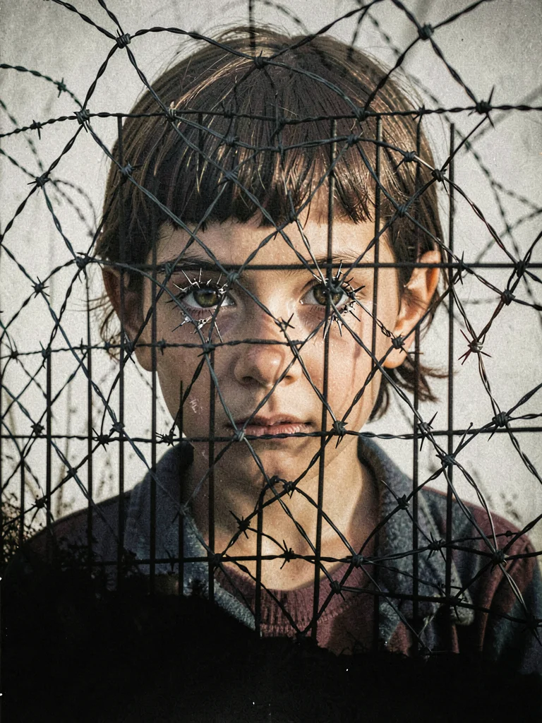 Refugee child's face through barbed wire patterns, fence internalized, thorns in