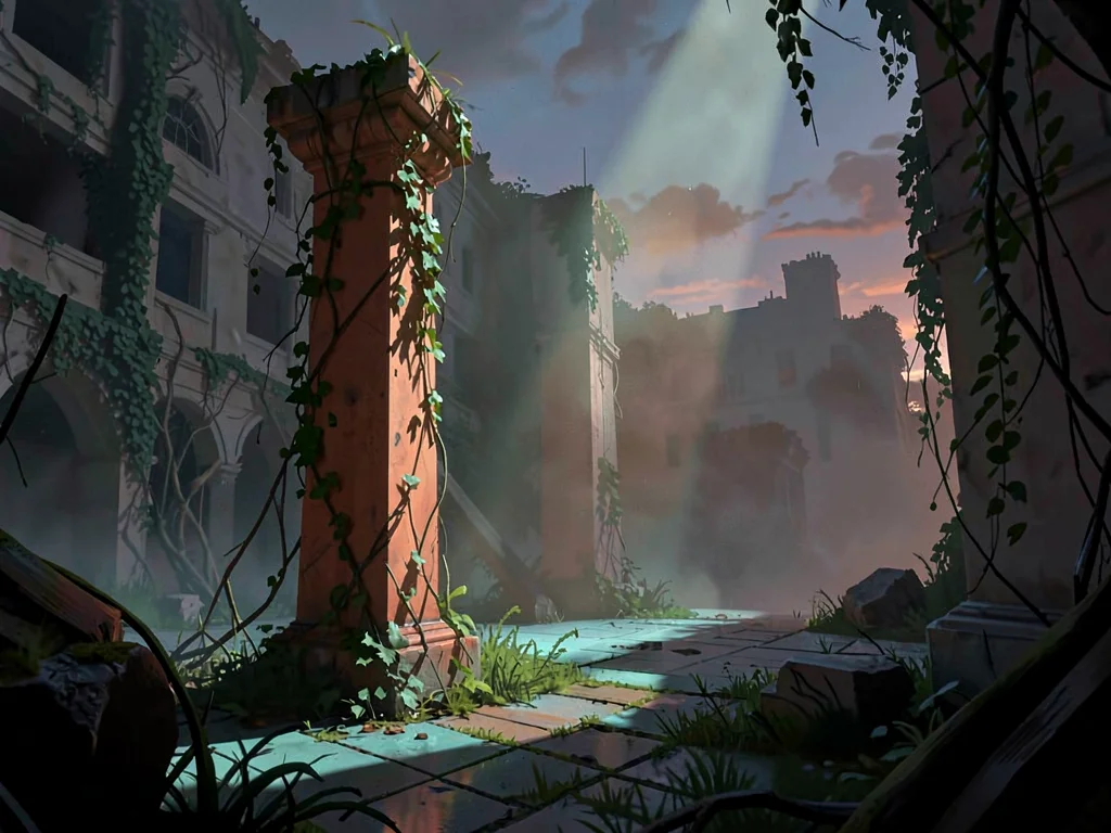 Overgrown ruined plaza at dusk with a single shaft slicing through ivy mist, war