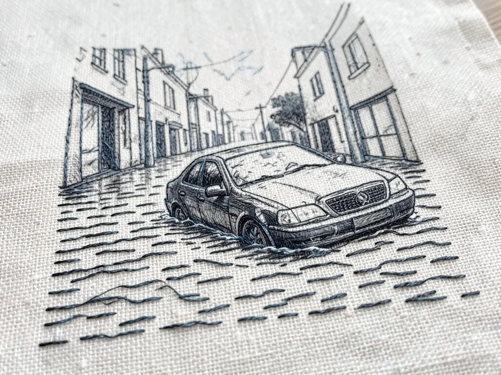 A flooded street with a car half-submerged, the water rendered in long horizonta