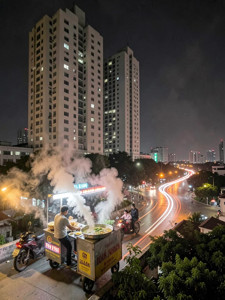 Street food steam against tall apartment