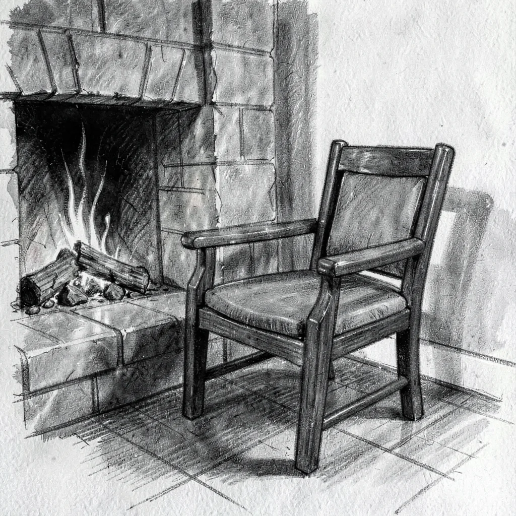 charcoal of a single chair pulled up to a fireplace, deep blacks and ash greys