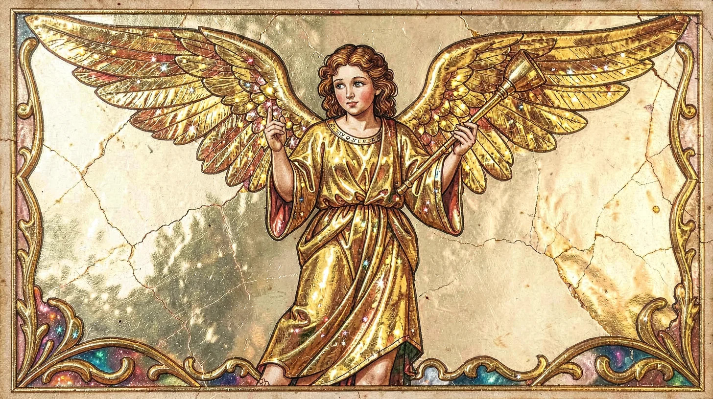 Gold leaf illuminated illustration, angel with trumpet , burnished gold leaf are