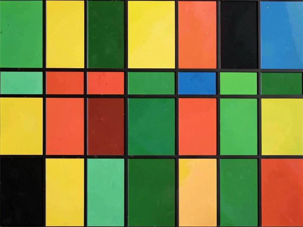 Greenhouse glass panes reduced to primary color rectangles and dark divisions