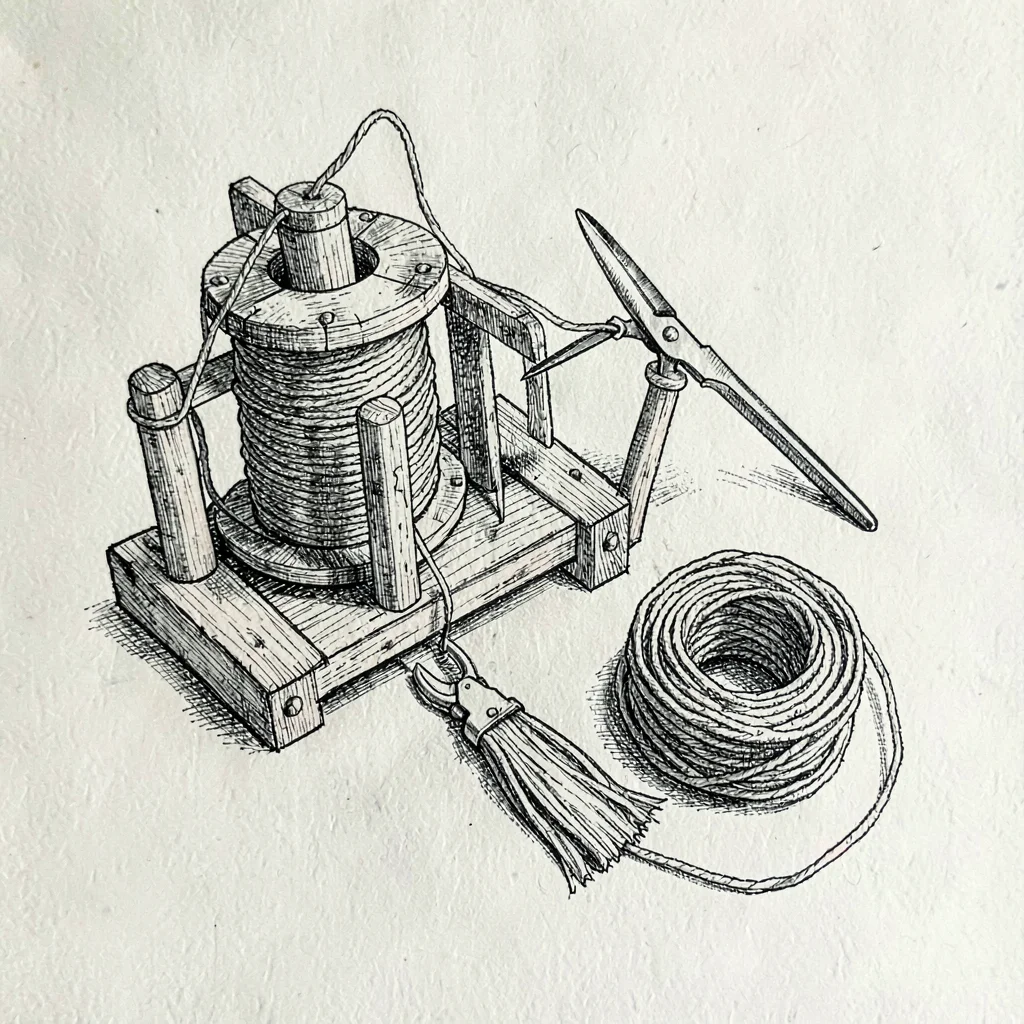 Pen-and-ink illustration of a broom-maker's winder, shears and a coil of twine o