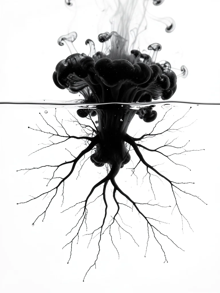 Black sumi ink dropped into clear water, initial impact mushroom cloud shape, de