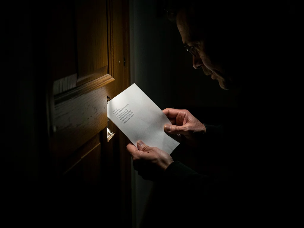 Someone slipping letter under door, hard light from crack beneath, only hands an