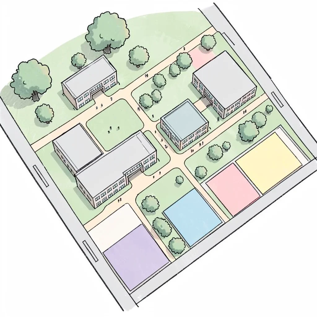 Top-down illustrated campus map showing the symposium buildings and walking path