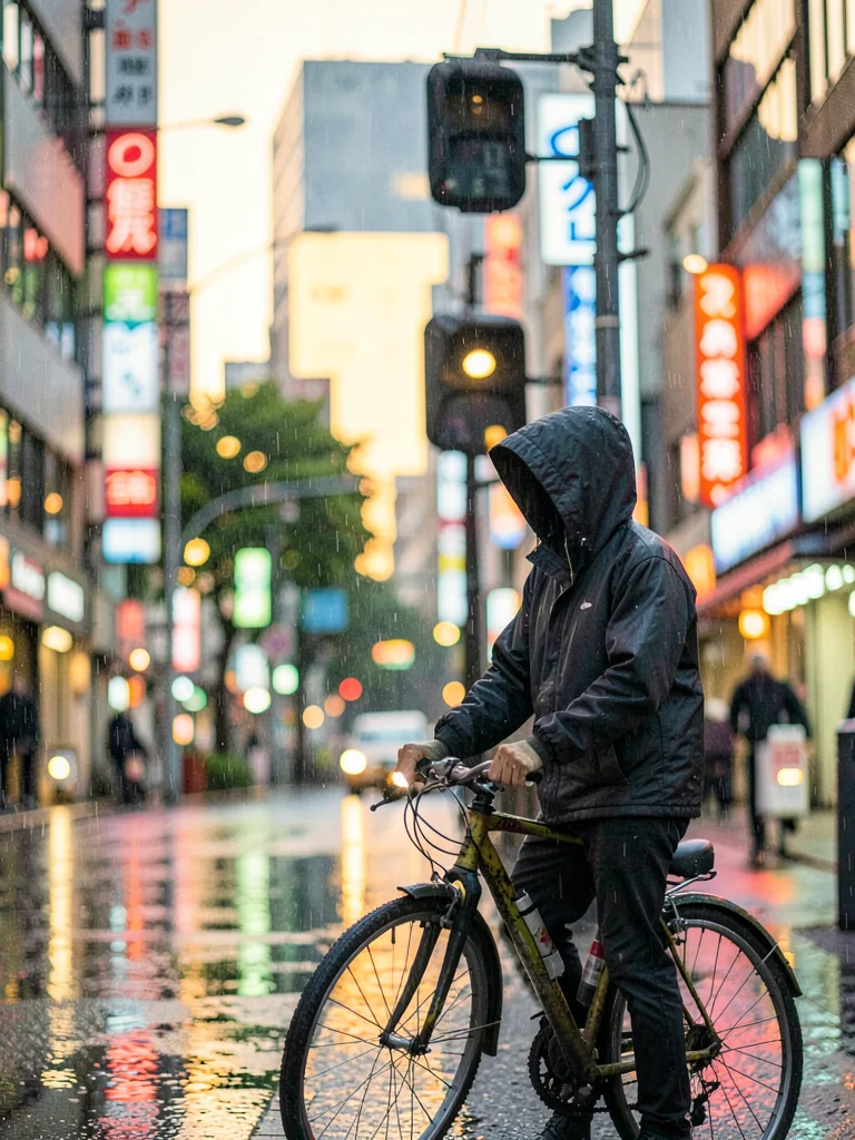 Cyclist stopped at traffic light in light rain, jacket hood up, city behind in s