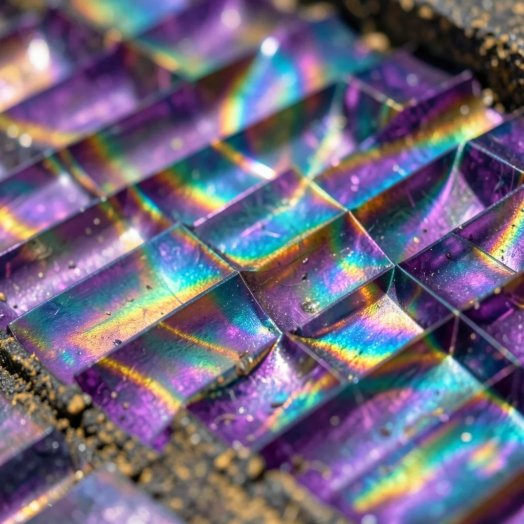 Oxidized bismuth crystal staircase pattern, iridescent purple-teal-gold interfer