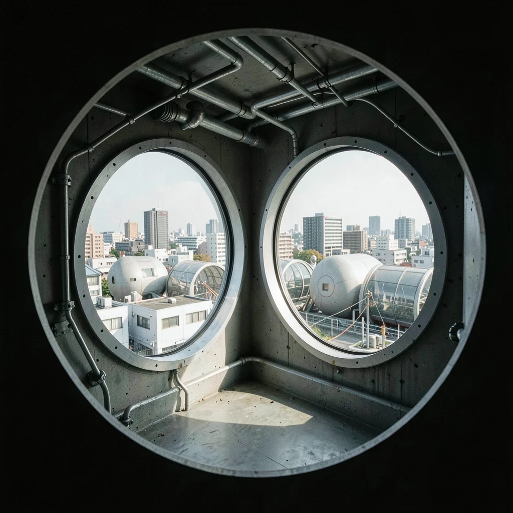 Porthole window interior view looking out to city rooftops, circular frame cutti
