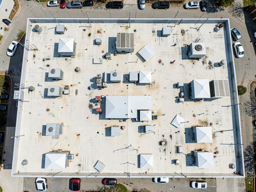 Strip mall rooftops, HVAC units and skylights in repetitive rhythm