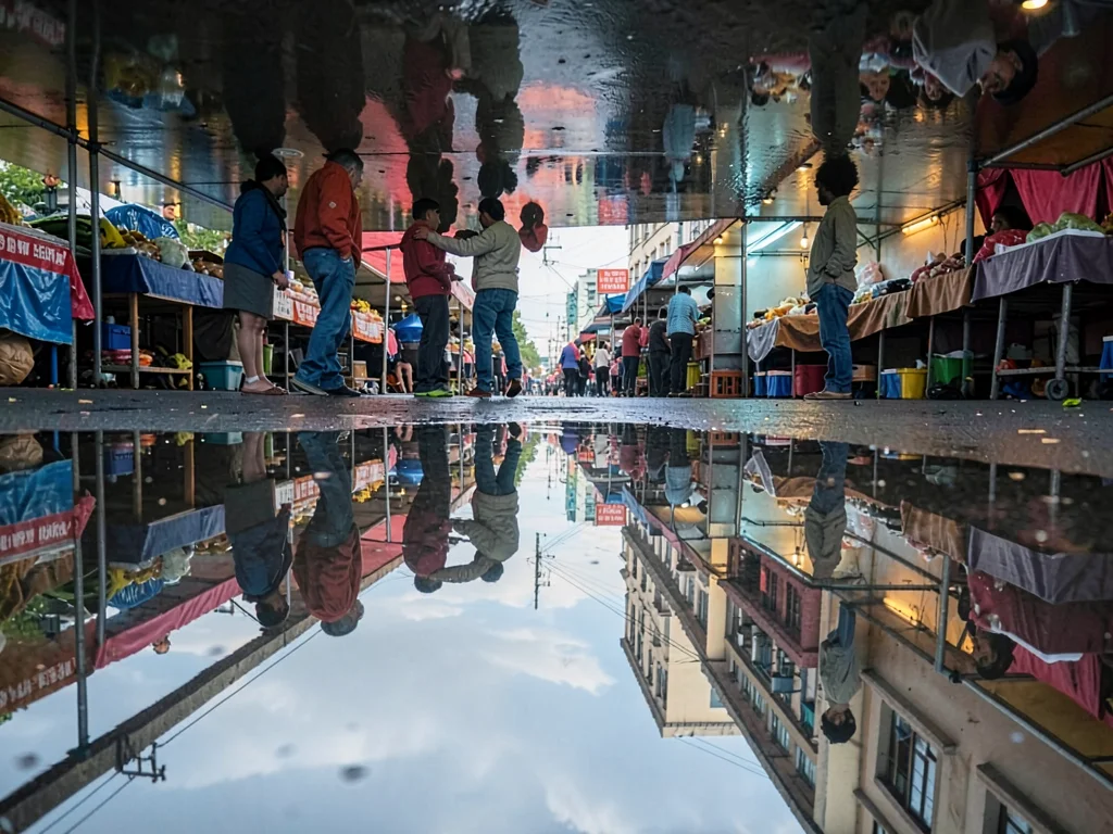 Market stalls in wet ground reflection