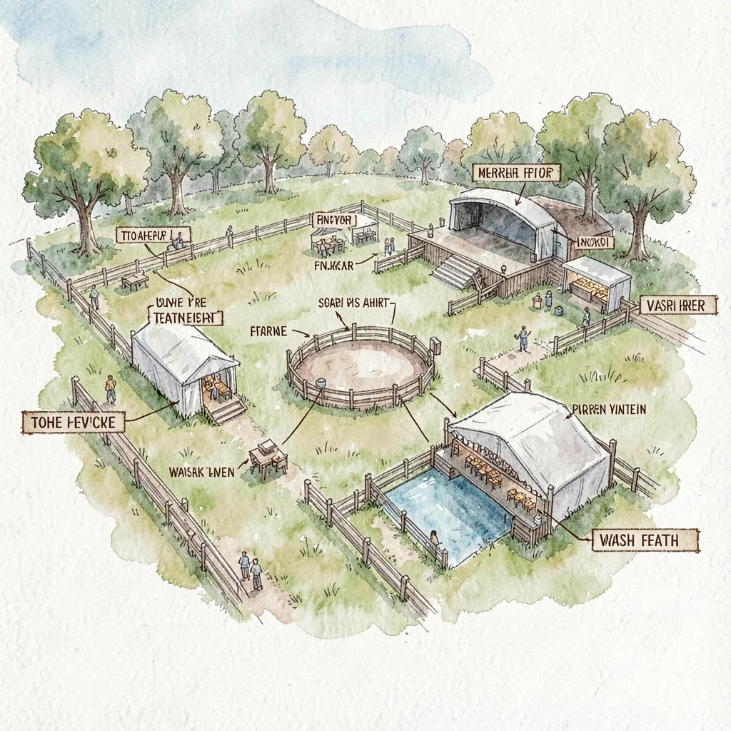 Hand-drawn illustrated venue map of the festival meadow with annotated stages, f