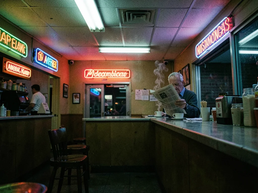 Old man reading newspaper at diner counter
