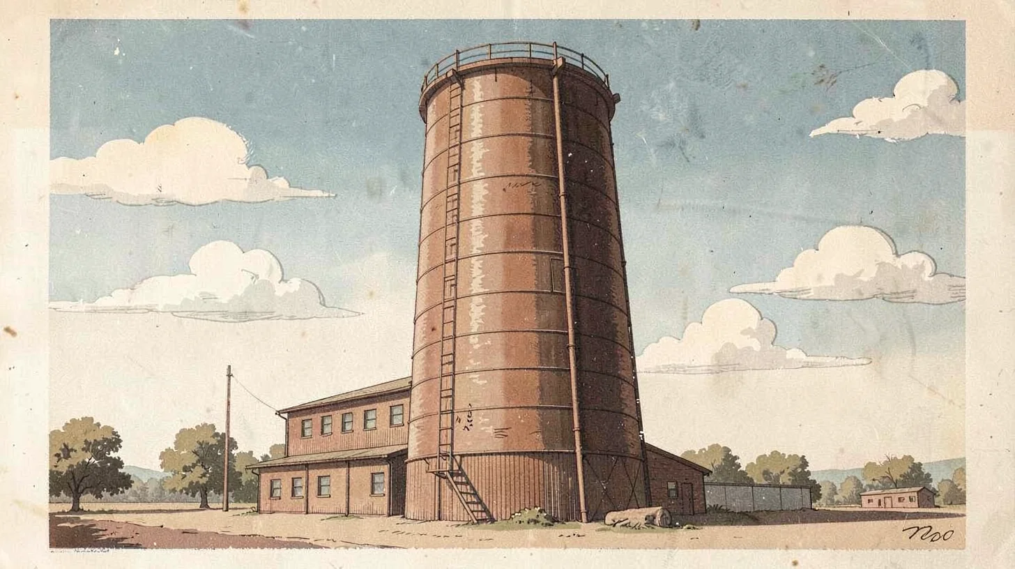Casein illustration, grain silo against sky , milk-based paint, vintage matte fi