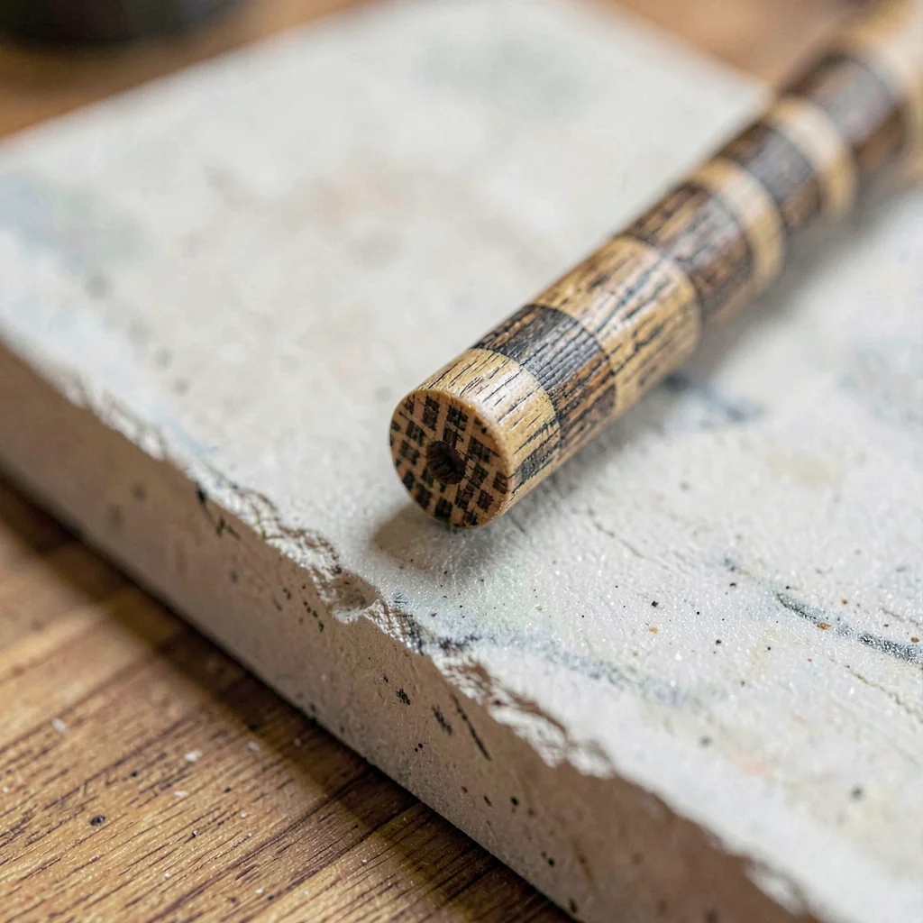 Worn-material closeup of an ash handle end with checkered grain on chalky board