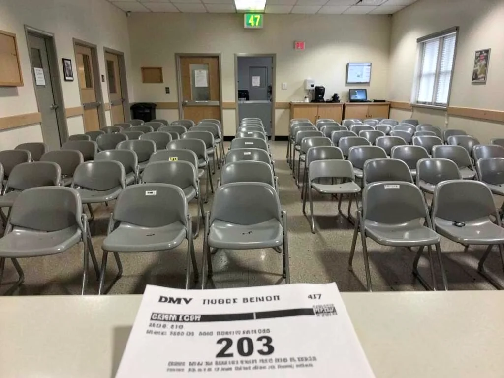 DMV waiting room, rows of plastic chairs compressed into grid, number display sh