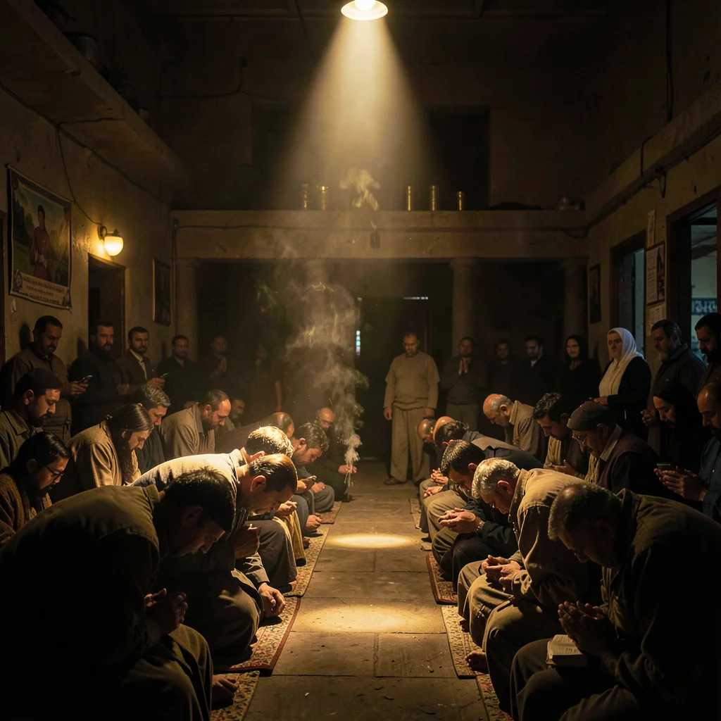 Dramatic light through darkness in Addis Ababa, Ethiopia, Congregation bowed in 