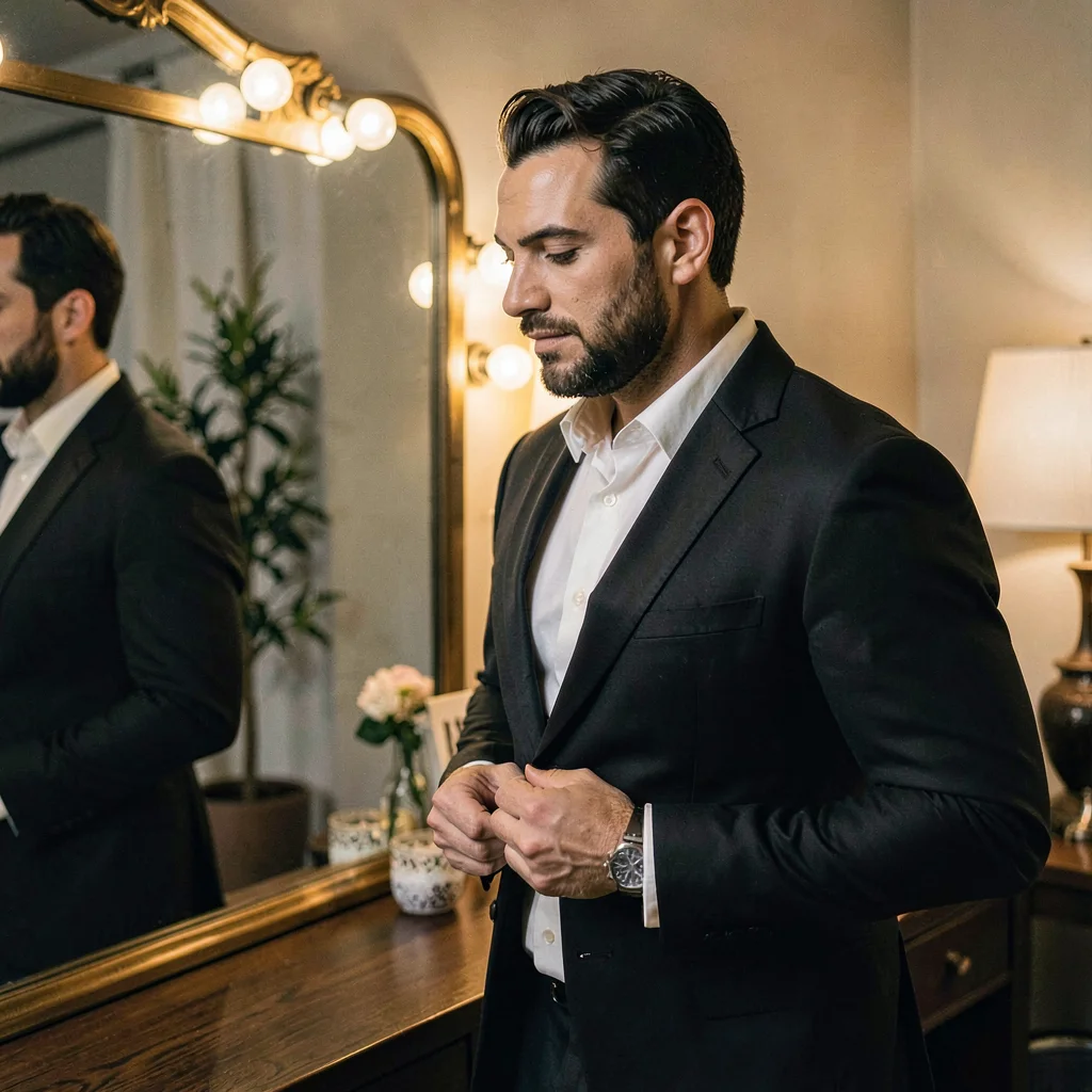 Lamp-lit portrait of a groom buttoning his jacket in front of a triple mirror, s