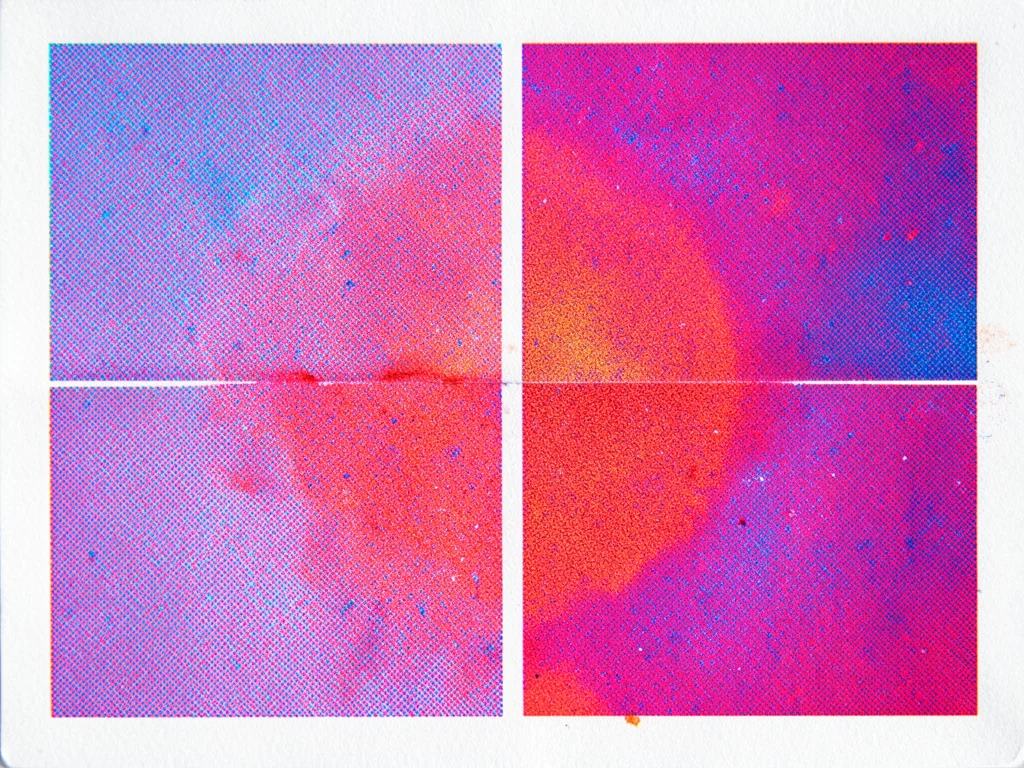 Misregistered risograph, identical pattern printed twice with 3mm offset, red an