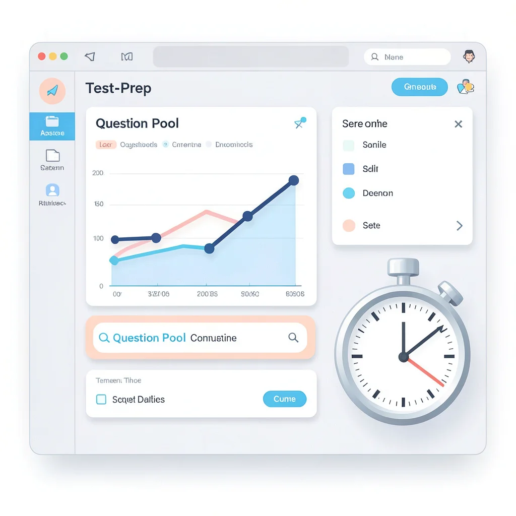 Flat illustration of a test-prep dashboard with a score-trend chart, a question 
